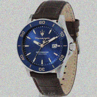 【MASERATI 瑪莎拉蒂】MASERATI手錶型號R8851100004(寶藍蜂巢幾何錶面寶藍錶殼咖啡色真皮皮革錶帶款)