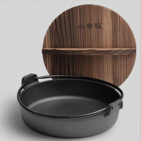 Japanese Thickened Cast Iron Sukiyaki Pot Deep Stew Pot with Handle and Lid