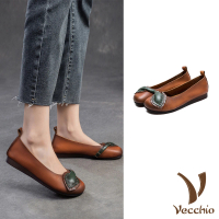 【Vecchio】真皮便鞋 牛皮便鞋/全真皮頭層牛皮立體葉片撞色造型舒適便鞋(棕)