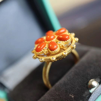 紅瑪瑙寶石女小眾設計歐式復古宮廷風s925銀開口可調節戒指/指環
