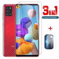 For Samsung Galaxy A21S Soft Back Carbon Fiber Film + Tempered Glass Front Screen Protector For Svmsung A21s With Lens Film