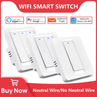 WiFi Tuya Smart Switch Push Button 1/2/3 Gang Light Wall Switches 220V No Neutral Wire Works With Alexa Google Home Smart Life