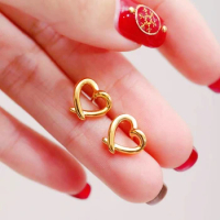 Pure 24K Yellow Gold Earrings Women 3D Gold 999 Heart Stud Earrings