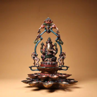 12"Tibetan Temple Collection Old Bronze Outline in gold Gem Turquoise Painted Phoenix Ganesha Buddha Lotus Oil lamp Candlestick