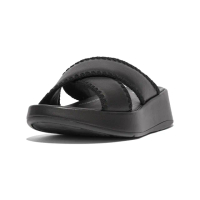 【FitFlop】F-MODE CROCHET-STITCH LEATHER FLATFORM SLIDES編織皮革造型交叉涼鞋-女(靓黑色)
