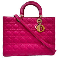 【二手名牌BRAND OFF】DIOR 迪奧 桃紅色 羊皮 藤格紋 大型 Lady Dior 兩用包
