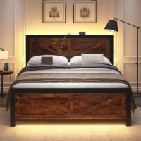Led Bed Frame Queen Size with Charging Station, Industrial Platform Bed Frame with Rustic Barn Door Wood Headboard, Strong Metal