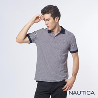 【NAUTICA】彈性棉細條紋短袖POLO衫(深藍)
