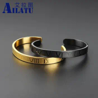 Ailtu 10pcs/lot Luxury Open Cuff Bangle Stainless Steel Bracelet Carving Roman Numeral Couple Roman 