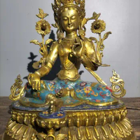 17"Tibetan Temple Collection Old Bronze Cloisonne Enamel Seven-eyed Tara green tara Buddha lotus platform worship hall