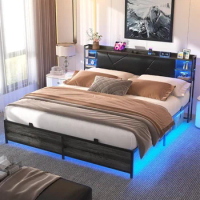 King Size Bed Frame with Cool RGB LED Lights and Power Outlets, Sturdy Platform Bed with Storage Upholstered Headboard