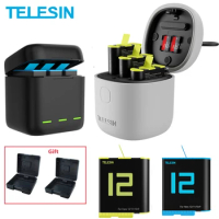 TELESIN New Version 1750mAh Battery LED Light Charging Box TF Card Storage For GoPro Hero 9 10 11 12 Gopro12 Charger Accessory