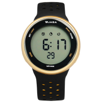 JAGA 捷卡電子運動倒數計時計時碼錶鬧鈴防水透氣矽膠手錶-黑金色/44mm