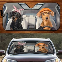 Realistic Dachshund Dog Wearing Hat and Bow Couple Driving Car Sunshade, Funny Dachshund Couple Driving Left Hand Auto Sun Shade