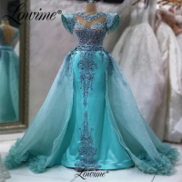 Blue Party Dress 2023 Lace Vestidos De Fiesta Largos Long Arabic Evening Gowns Crystal Beaded Prom Dresses Evening Gowns Custom