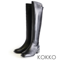 【KOKKO 集團】顯瘦個性百搭圓頭拼接麂皮長靴(黑色)