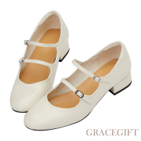 【Grace Gift】雙帶低跟芭蕾舞鞋 米白
