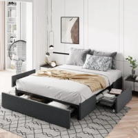 Allewie Queen Size Platform Bed Frame with 3 Storage Drawers, Fabric Upholstered, Wooden Slats Support, No Box Spring Needed, No