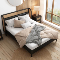 Modern Cannage Rattan Wood Platform Queen Bed, Rattan Craftsmanship, No Need a Box Spring, Wood Frame, Black