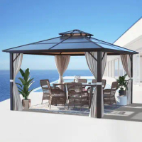 Double Polycarbonate Roof Hardtop Gazebo, Permanent Outdoor Patio Gazebo, Aluminum Furniture Canopy Gazebo