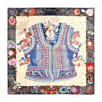 【Hermes 愛馬仕】Costume de Fete 90 手工捲邊斜紋真絲方巾(黑/奶油/藍)