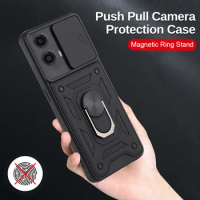 Car Magnetic Ring Stand Protect Case For Motorola Moto G34 motorolaG34 motog34 g 34 Push Pull Camera Shockproof Protective Shell
