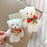 2pcs Kawaii Christmas Bear Stuffed Plush Toys 13cm Mini Soft Teddy Bear Doll With Xmas Bell Girl Bag Pendant Keychain Small Gift
