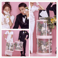 韓式婚紗攝影道具粉色系透明圓形禮盒韓式寫真室內情侶擺件卡片板