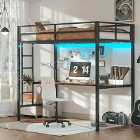 Loft Bed Twin Size with Desk, Safety Guardrail and Stairs, Metal Loft Bed Frame with Power Outlet and LED Lighted, Space-Saving