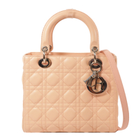 【二手名牌BRAND OFF】Dior 迪奧 粉色 羊皮 籐格紋 Lady Dior 兩用包 銀扣 CAL44551