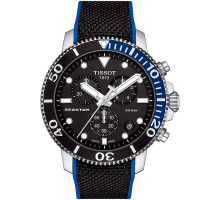 【TISSOT 天梭 官方授權】Seastar 1000海星300米潛水三眼計時錶-45.5mm/黑x藍 新年禮物(T1204171705103)