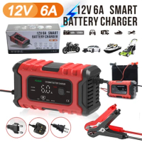 Full Automatic Car Battery Charger 12V 6A Intelligent Fast Power Charging for AGM GEL Wet Dry Lead Acid Digital LCD Display