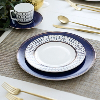 北歐輕奢風骨瓷西餐盤子牛排盤沙拉盤宴會擺盤描金啞光藍調展示盤