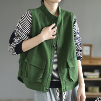 【JC Collection】棉質舒適口袋知性文藝寬鬆立領休閒背心外套(綠色、橄欖黃色)