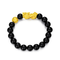 【周大福】小金珠吉祥如意貔貅黃金黑玉髓手鍊