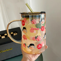 900ml Kawaii Strawberry Glass Water Bottle Large Capacity Cup Mug Tumbler Portable with Lid Straw Drinkware Milk Tea Glass Cup