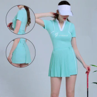 G-life Women Quick Dry Golf Short Skirt Pleated Anti-exposure Skort Ladies V-neck Short Sleeve Golf Shirt Breathable Slim Tops