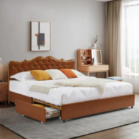 King-size bed, Classic buckle backrest, metal frame, solid wood ribs, with four storage drawers, sponge soft bag