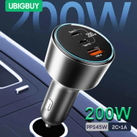 Ubigbuy 200W Car Charger 3-Port Quick Charge 3.0 USB C PD 100W PPS 45W Super Fast Charging for MacBook Pro iPhone 15 Samsung S23