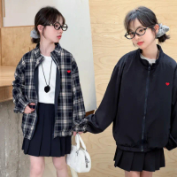 【UniKids】中大童裝長袖外套 格紋素色雙面穿棒球服夾克 女大童裝 CVL886(兩面穿外套)