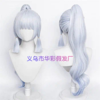 Genshin Impact Kamisato Ayaka Cosplay Wig Silver Long Straight Ponytail Bangs Temples Heat Resistant Hair