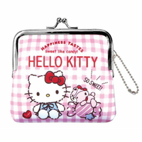 小禮堂 Hello Kitty 潛水布口金零錢包 吊飾零錢包 小物收納包 (粉 格紋)