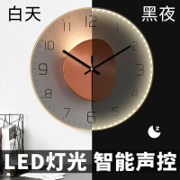智能聲控led掛鐘靜音創意夜光時鐘壁燈家用裝飾表鐘掛墻帶燈鐘表