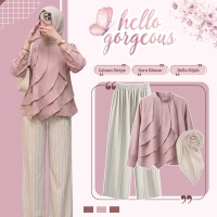 Sara 3IN1 Preppy Outfit Remaja Kekinian (CELANA HOMMY STRIPE + SARA BLOUSE + BELLA HIJAB) Trend OOTD