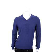 TRUSSARDI 藍色羊毛浮印圖騰長袖V領上衣(50%WOOL)