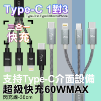 【City】TypeC 1對3 PD快速閃充線三合一短線30cm Type-C to(L+M+C線iphone15快充)