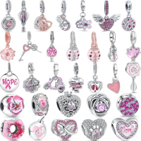 Fit Original Pandora Bracelet Pink Zircon Series Bead Charms 925 Sterling Silver Fine Heart Donut Dangle Pendants Bangle Jewelry
