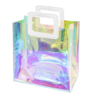 Holo-graphic Tote Bag Waterproof Small Gift Bag Clear Reusable PVC BagIridescent Christmas Gift Bag Handle Accessories