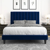 Allewie Queen Platform Bed Frame/Velvet Upholstered Bed Frame with Vertical Channel Tufted Headboard/Strong Wooden Slats/Mattres