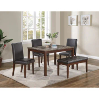 Classic Stylish 5pc Dining Set Kitchen Dinette Faux Marble Top Table Bench and 3x Chairs Faux Leather Cushions Seats Dining Room